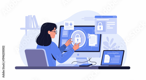 Cybersecurity expert protecting digital data and privacy flat design