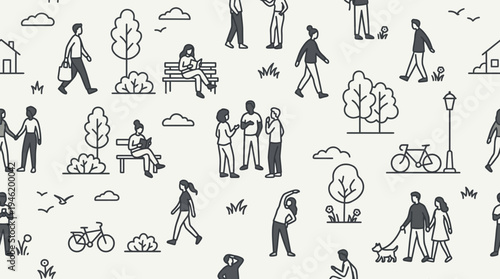Seamless pattern of people engaging in various outdoor activities in a park setting.
