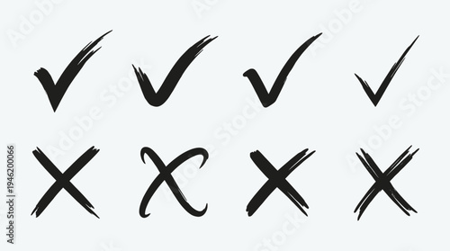 Set of Hand Drawn Check Marks and Crosses Symbols.