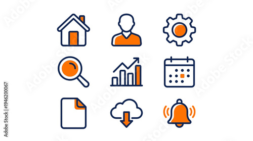 Set of nine modern flat icons representing business and technology concepts.