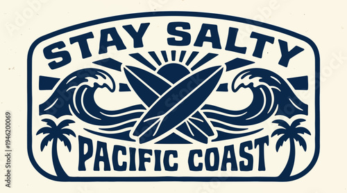 Stay Salty Pacific Coast Surfboard Wave Palm Tree Graphic.