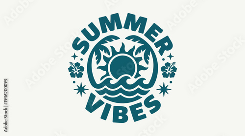 Summer Vibes Tropical Beach Sunset Ocean Palm Trees Graphic Design.
