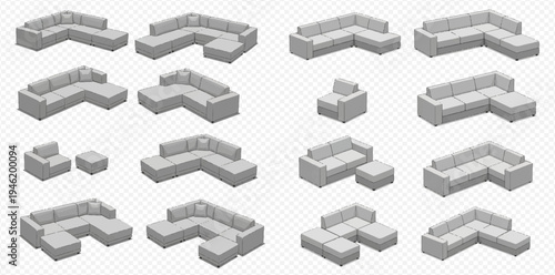 Isometric set of gray modular sofas and armchairs with ottoman for living room interior design.