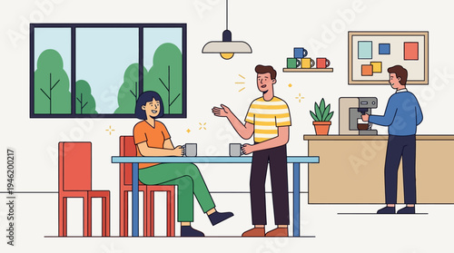 Three people interacting in a modern office breakroom during a coffee break.