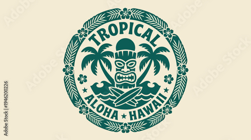 Tropical Aloha Hawaii Tiki Mask Surfboard Palm Trees Emblem.