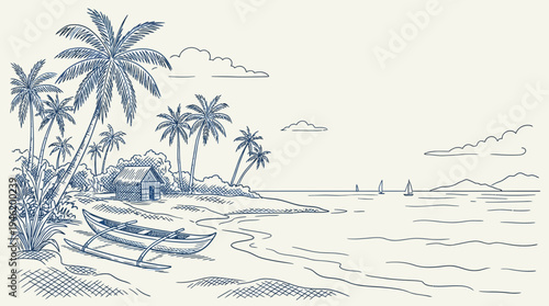 Tropical Beach Scene with Palm Trees and Boat.