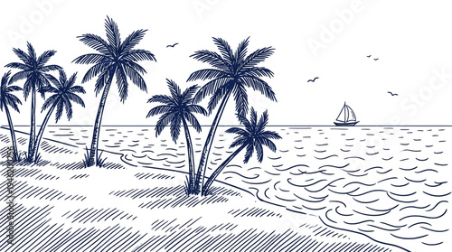 Tropical Beach Scene with Palm Trees and Ocean View.