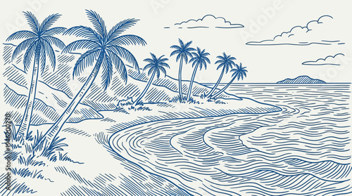 Tropical Beach Scene with Palm Trees and Ocean Waves.