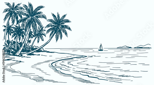 Tropical Beach Scene with Palm Trees and Ocean View.