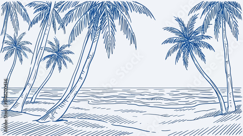 Tropical palm trees on a sandy beach with ocean waves.