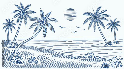 Tropical Palm Trees Swaying Gently on a Sandy Beach.