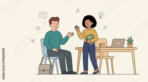 Two diverse individuals engaged in a lively discussion or interview.