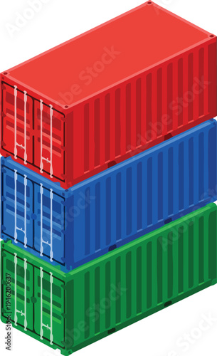Stack of Three 3D Shipping Containers Red Blue Green Isometric Vector