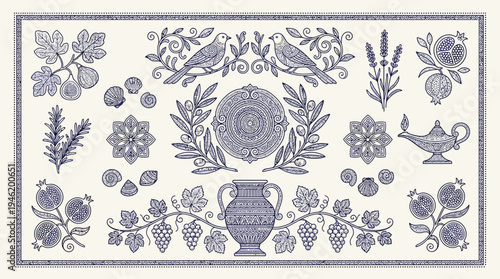 Vintage Botanical Illustration with Birds and Decorative Elements.