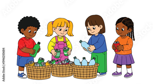 Four diverse children are depicted diligently sorting various recyclable items, including cans and plastic bottles, into separate wicker baskets.