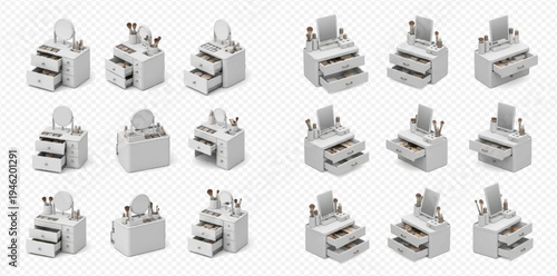 Isometric set of white plastic cosmetic organizers with open drawers and makeup products.