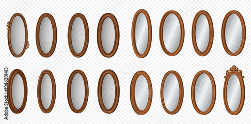 Set of oval mirrors with wooden frames, isolated on a transparent background, reflecting light and adding elegance to any interior design.