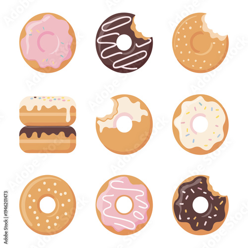 Assorted Sweet Donut Icon Set Vector Illustration of Glazed and Sprinkled Pastries