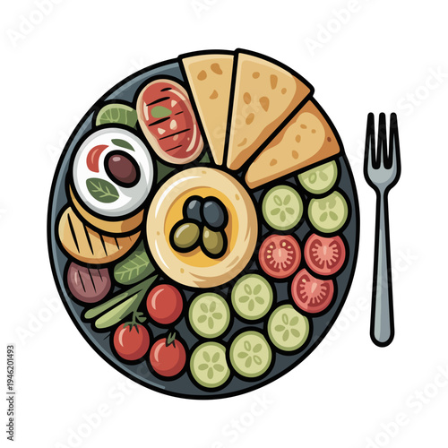 Mediterranean Mezze Platter Illustration of Healthy Hummus, Pita, and Fresh Vegetables