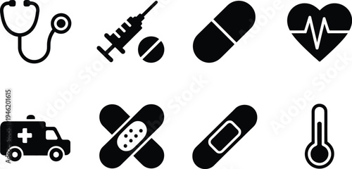 Medical healthcare icons including stethoscope syringe pill heart ambulance bandage and thermometer