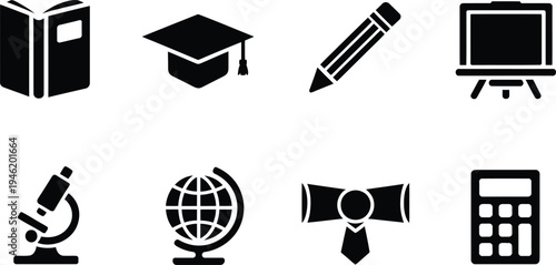 Set of education vector icons, including book, graduation cap, pencil, easel, microscope, globe, diploma, and calculator