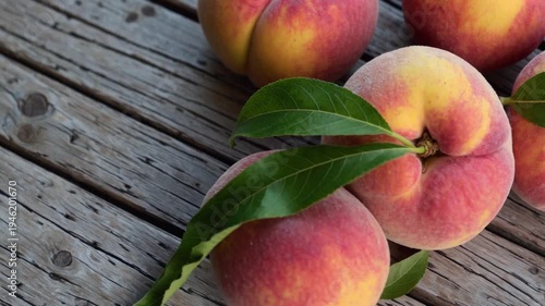 Fresh ripe peaches with green leaves resting on a weathered rustic wooden surface.