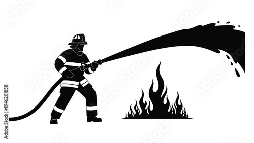 Black and white silhouette graphic depicts a brave firefighter heroically extinguishing a ground fire using a powerful stream of water from a hose.