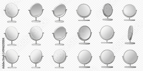 Set of realistic round table mirrors with stands, showing various angles and reflections on a transparent background.