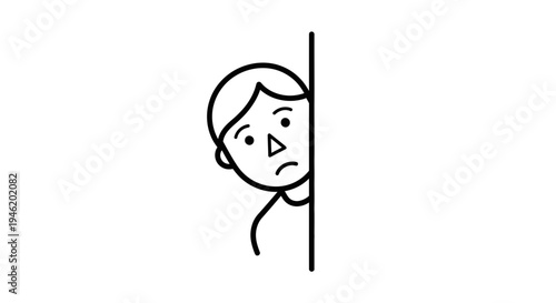 Shy Person Peeking Around Corner, Hesitant and Curious Expression, Minimalist Line Art