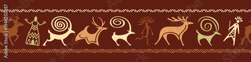 Ethnic seamless border on the theme of rock paintings, petroglyphs and geometric pattern, vector design, banner