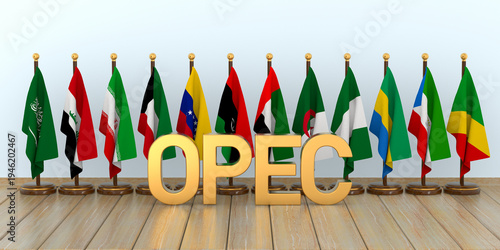 OPEC Countries flag in hall. 3D illustration