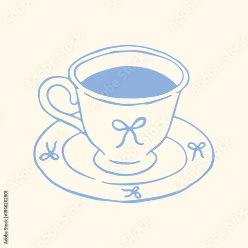 Hand drawn vector illustration of a dainty blue teacup and saucer decorated with cute bows. Elegant coquette aesthetic line art in pastel colors for cafe menus, greeting cards, and cozy designs