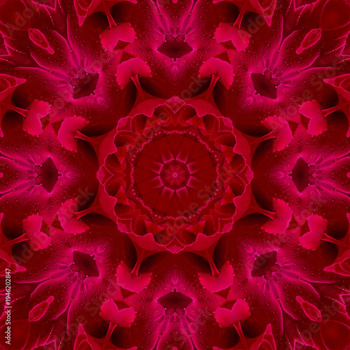abstract background of rose flower with water drops pattern of a kaleidoscope. red black background fractal mandala. abstract kaleidoscopic arabesque. geometrical ornament floral seamless pattern