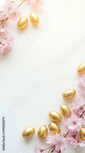 Golden chocolate eggs scattered with delicate pink cherry blossoms on white background creating festive Easter spring celebration frame with copy space.