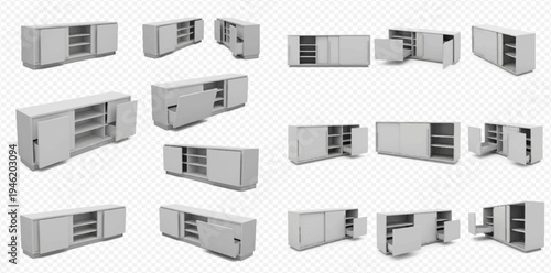 Set of modern white wooden TV cabinets or sideboards with open and closed doors from various angles, isolated on a transparent background.