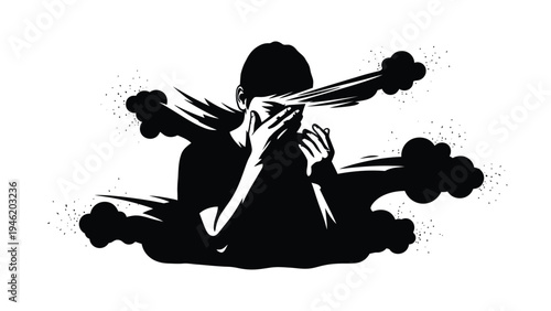 Silhouette of a distressed individual covering face amidst explosive comic book style impact clouds symbolizing stress or shock