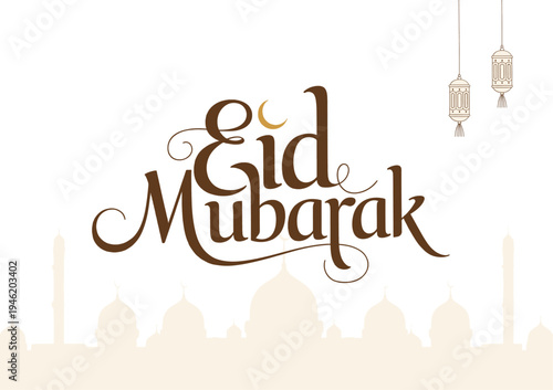 Eid Mubarak greeting card with minimalist mosque silhouette lanterns and crescent moon