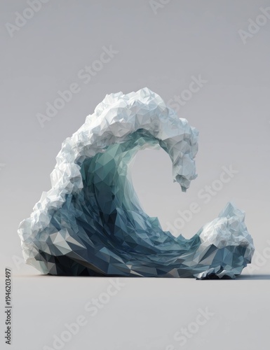 Polygonal wave sculpture with sharp edges and geometric shapes in blue and white colors on plain background representing abstract ocean water movement and energy.