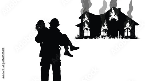 Heroic firefighter silhouette carrying a young child away from a burning house structure with thick black smoke billowing upwards