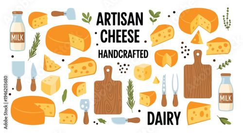 Flat lay of various artisan cheeses, dairy products, and utensils on a white background with a rustic and handcrafted theme.