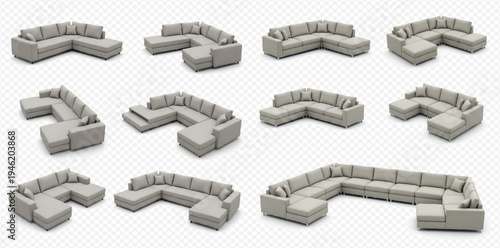 Set of modern corner sofas with chaise lounge, realistic 3D illustration of comfortable furniture for living room interior design, isolated on transparent background.