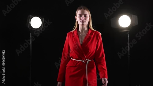 Fashion model. Beautiful woman in stylish outfit walking against black background with spotlights