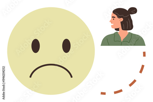 Mental health, emotional transformation, human connection, communication, psychology, personal growth. Sad face and a woman looking forward with connection arrows. Emotional transformation and mental