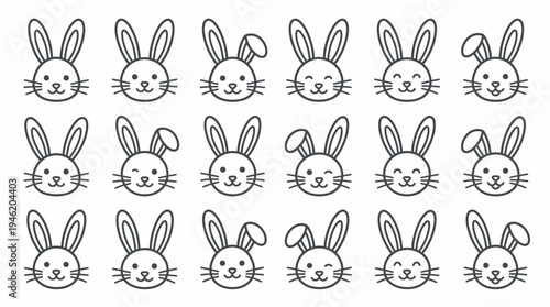 A collection of cute, hand-drawn cartoon bunny faces with various expressions and ear positions, presented in a grid layout.
