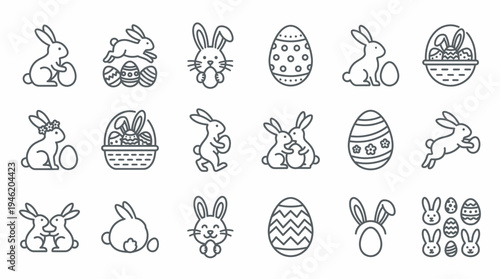 A collection of line art icons featuring Easter bunnies and decorated eggs, perfect for holiday designs.