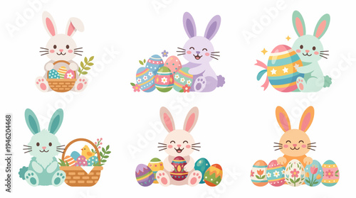 A charming collection of six adorable cartoon Easter bunnies, each uniquely depicted with colorful Easter eggs and baskets, celebrating the joyous spirit of spring and the holiday.