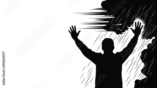 Silhouette of a man with raised hands confronting or embracing a dramatic heavy rainstorm in bold graphic style