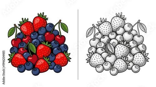 Assortment of fresh summer berries including strawberries, cherries and blueberries, presented in vibrant color and detailed line art