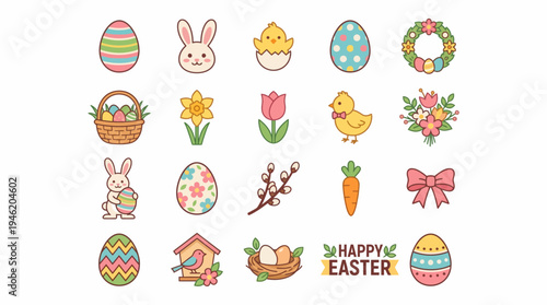 A collection of charming Easter-themed illustrations featuring decorated eggs, bunnies, chicks, flowers, and festive symbols.