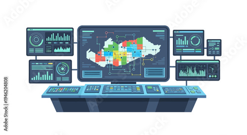 A futuristic command center with multiple screens displaying data, charts, and a map of a region.